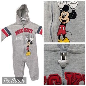 Disney Baby Mickey Hooded Jumper Gray 12M Zipper Leg Snaps One-Piece Cozy Outfit